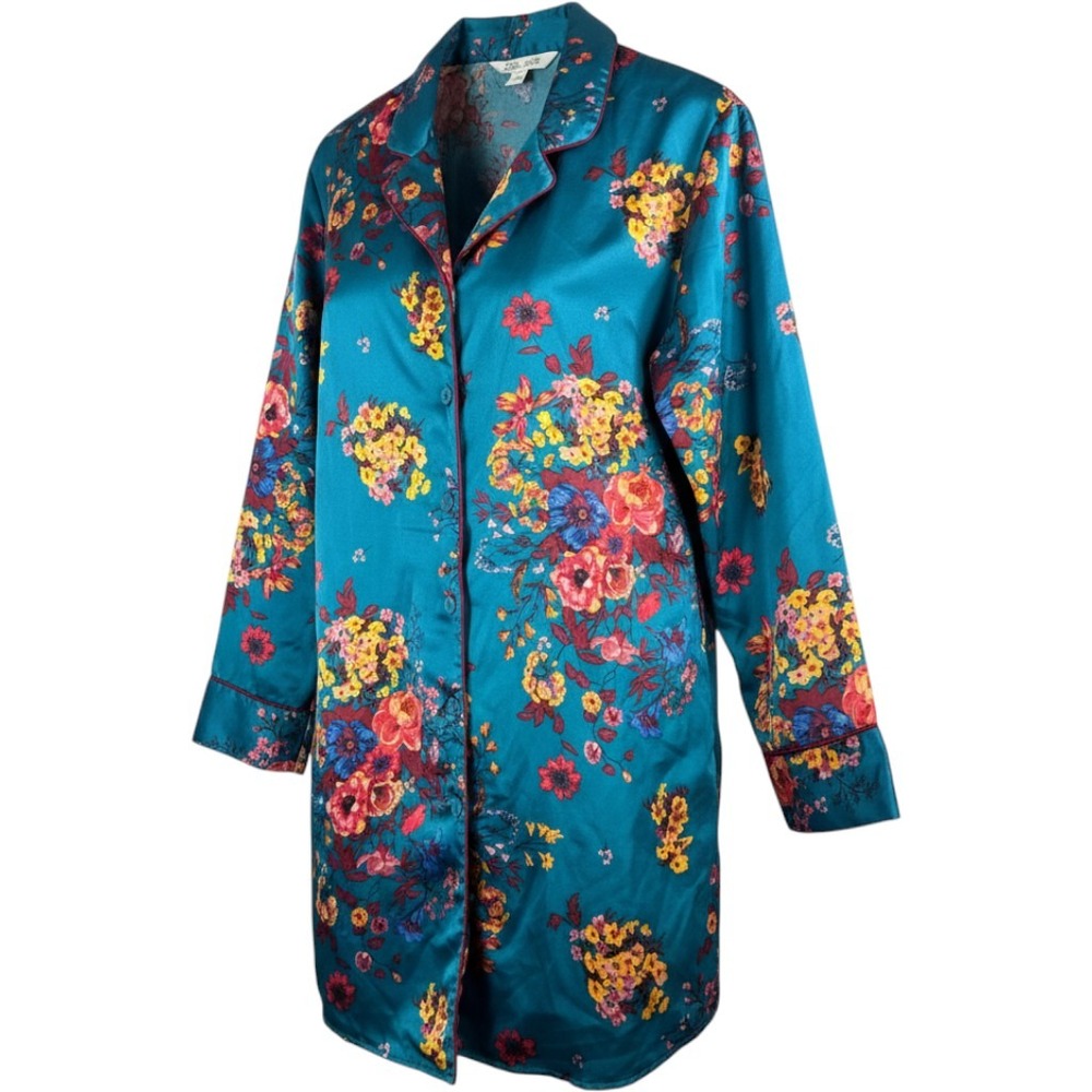 The Pioneer Woman Nightshirt M Teal Floral Satin Sleepwear Button Down boho